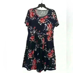 Floral Print Navy Dress with Short Sleeves and Empire Waist XL